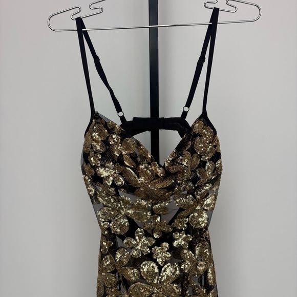 For Love & Lemons gold black colette sequin mini dress with fringe hem Size: XS - Picture 4 of 11